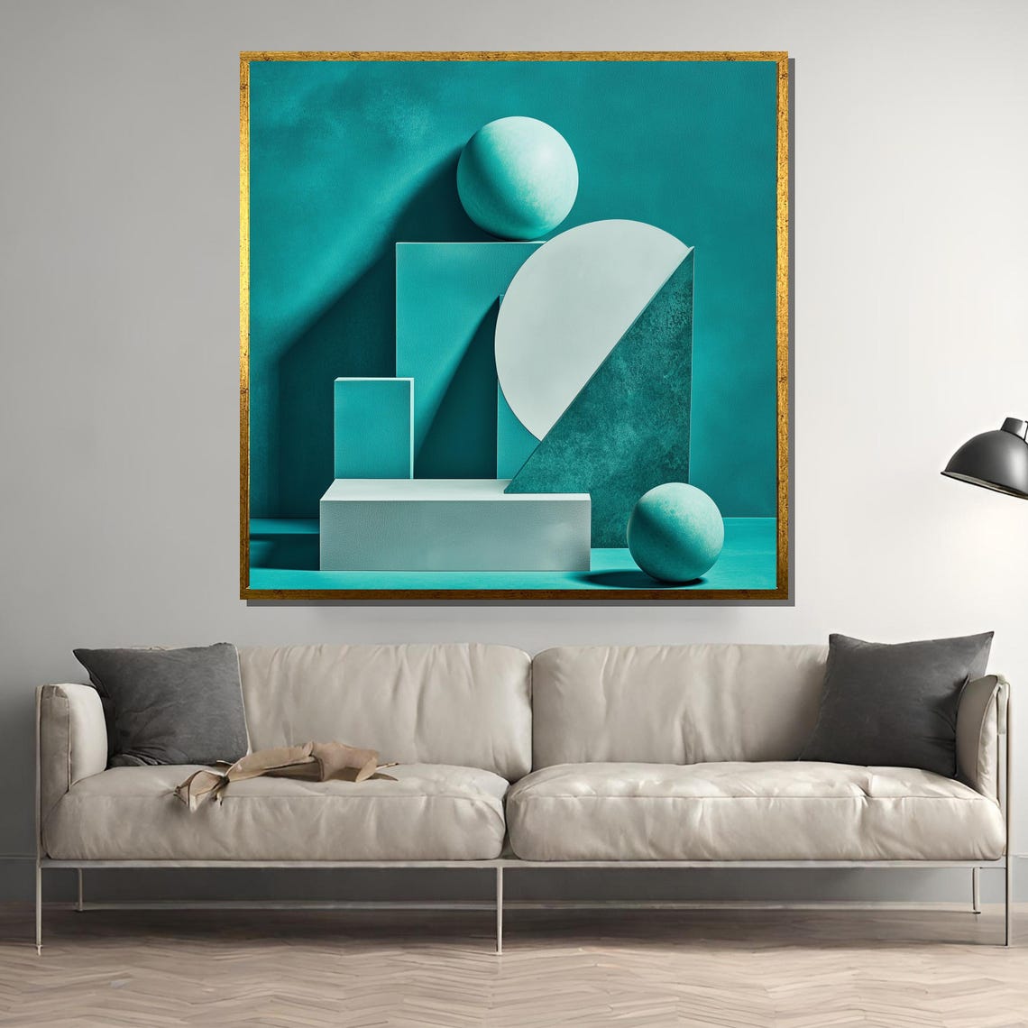 Modern Geometric Painting Abstract Teal Minimalist Wall Art Contemporary 3d Shapes Bold Architectural Design Unique Gift