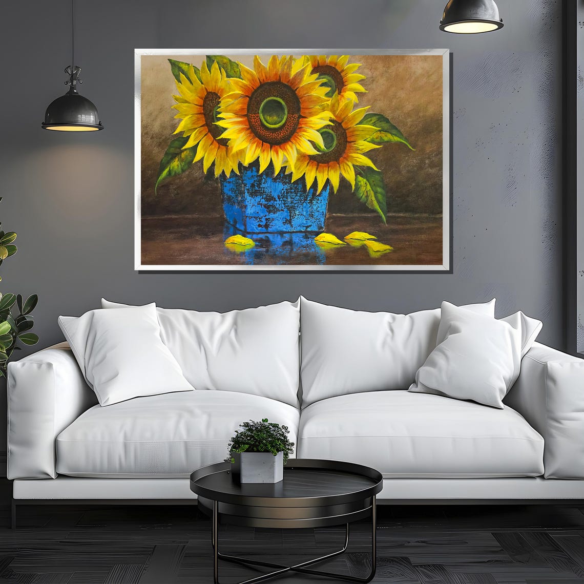 Bright Sunflowers In Blue Rustic Vase Cheerful Floral Wall Art - Image 3