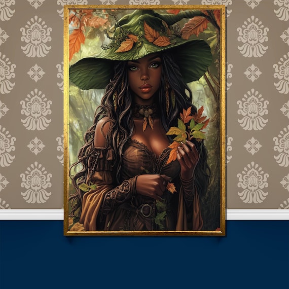 Herbal Forest Witch with Autumn Leaf Hat Fantasy Portrait Poster