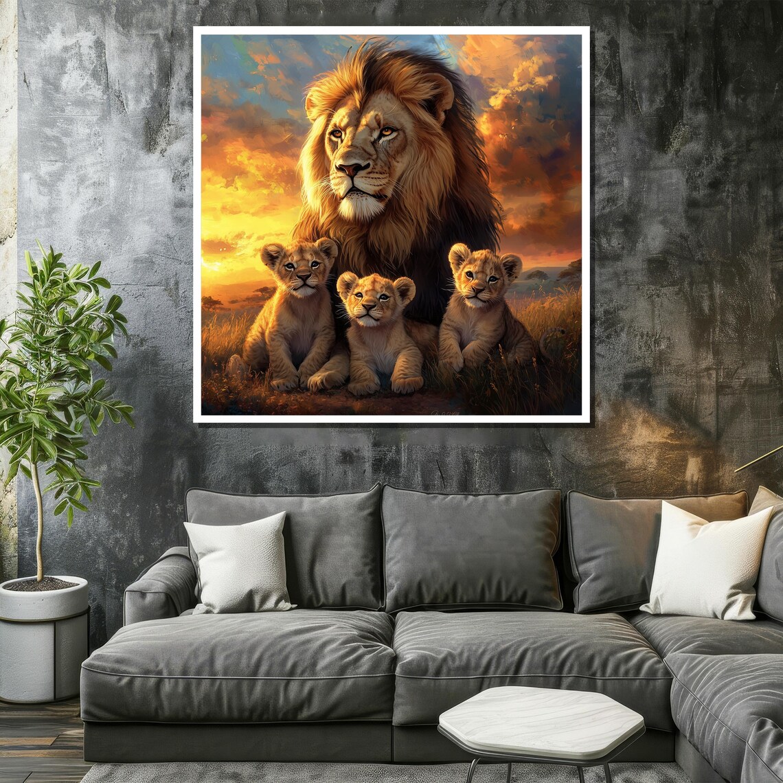 Majestic Lion with Three Cubs in Golden Sunset Savanna Poster - Image 2