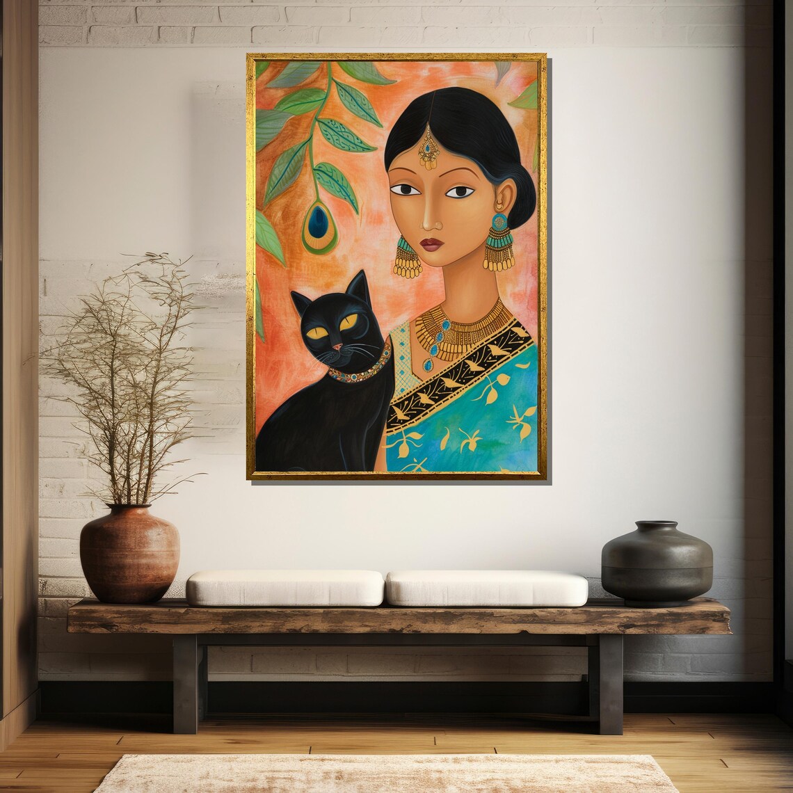 Elegant Indian Woman With Black Cat Traditional Ethnic Wall Art - Image 5