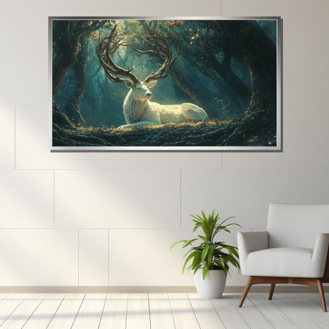 Majestic White Stag Resting In Enchanted Forest Grove Art Poster - Image 3
