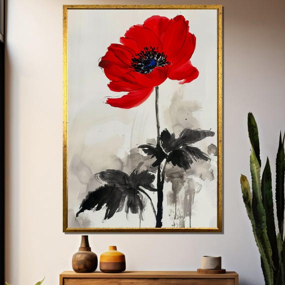 Bold Red Poppy Painting Gift Minimalist Floral Art For Elegant Spaces