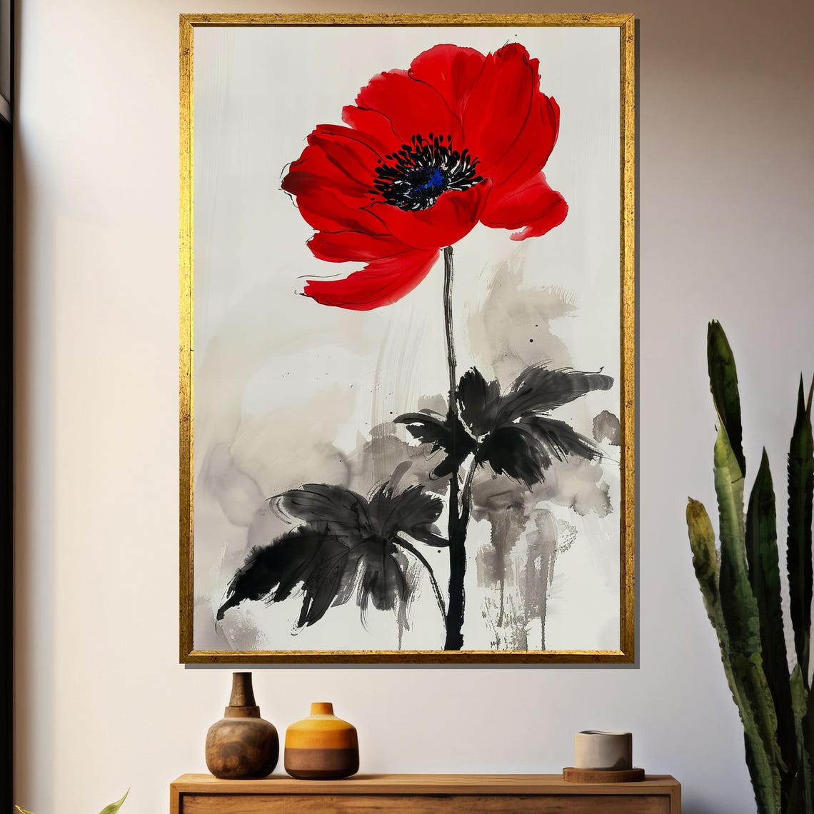 Bold Red Poppy Painting Gift Minimalist Floral Art For Elegant Spaces