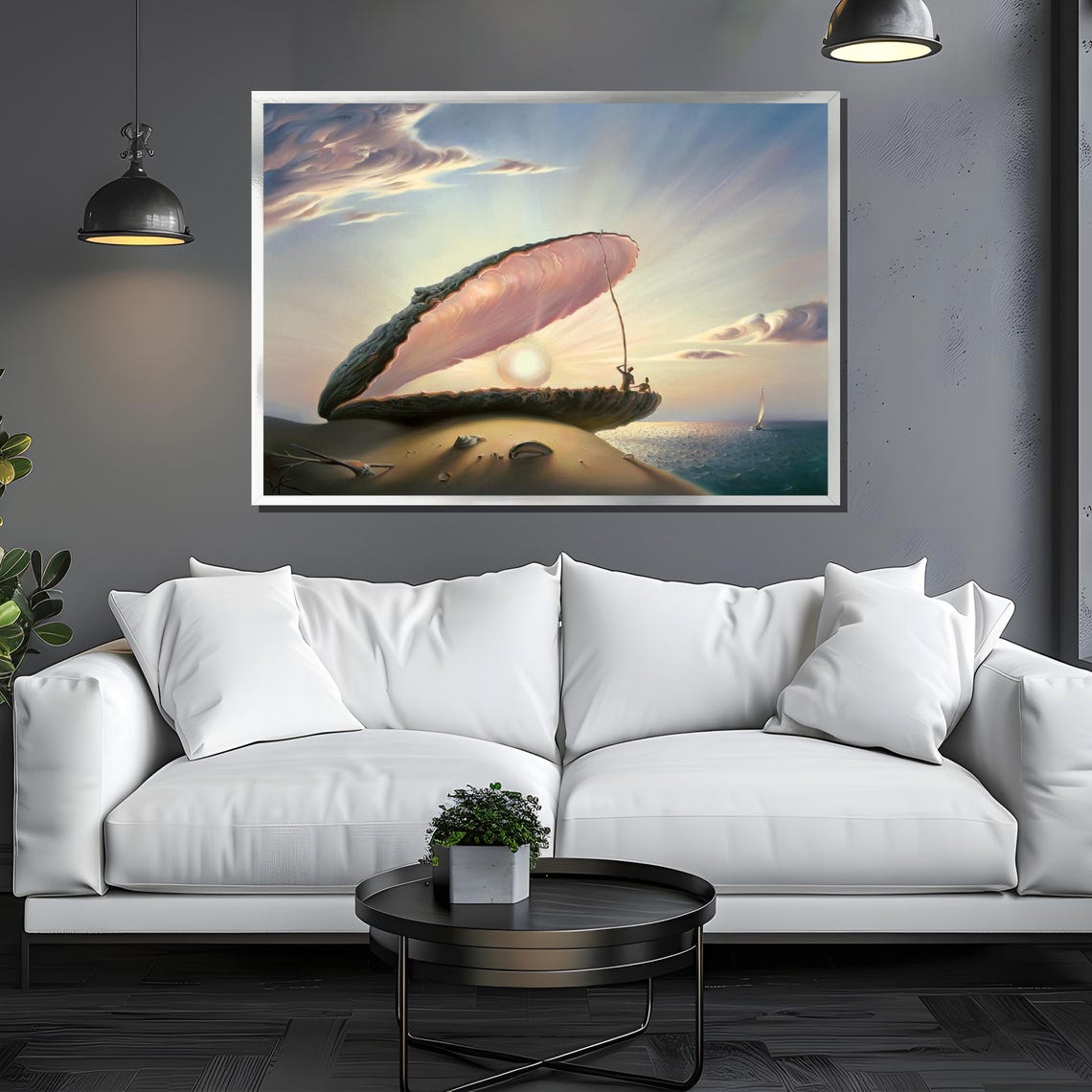 Surreal Giant Seashell with Pearl Sun on a Sunset Beach Poster - Image 3