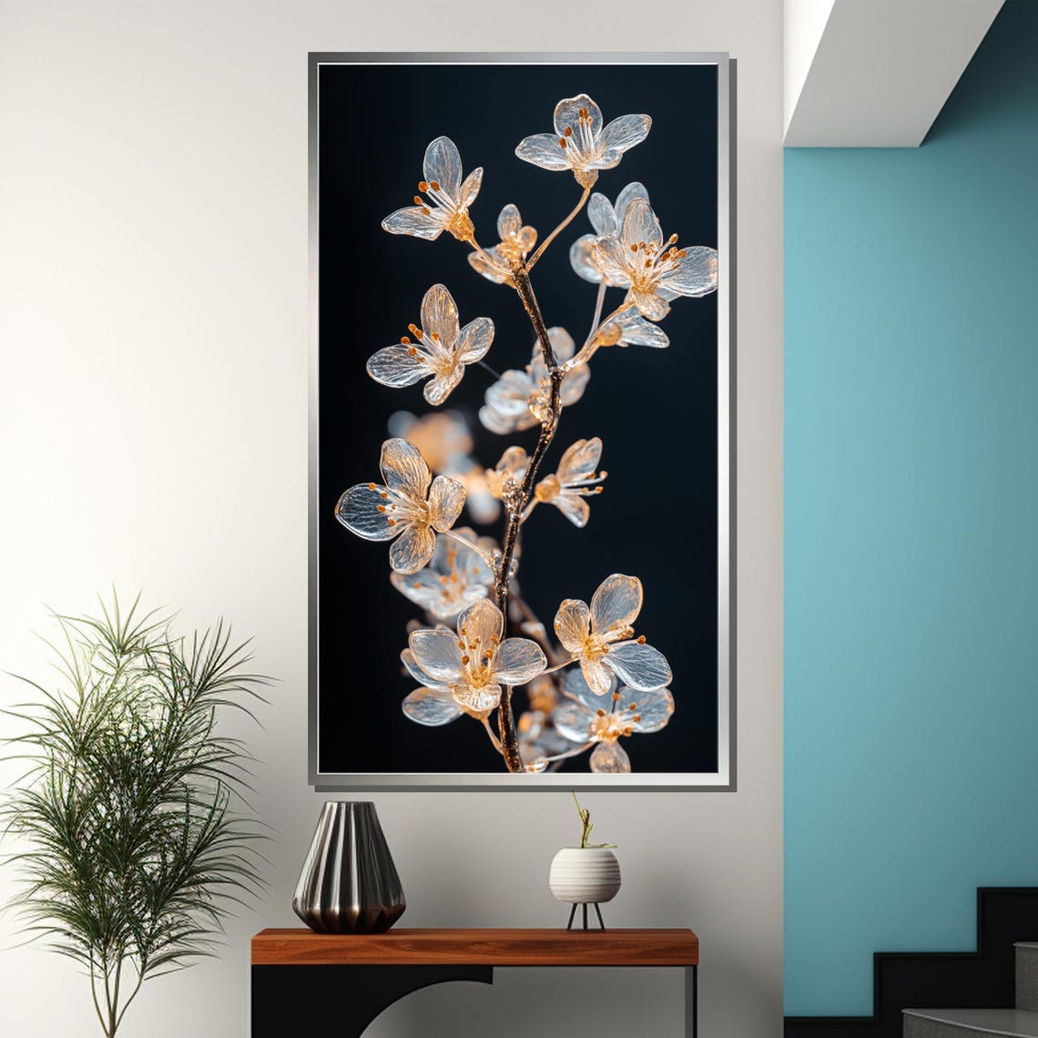 Frosted Glass Blossom Branch Glowing on Black Background Poster - Image 3