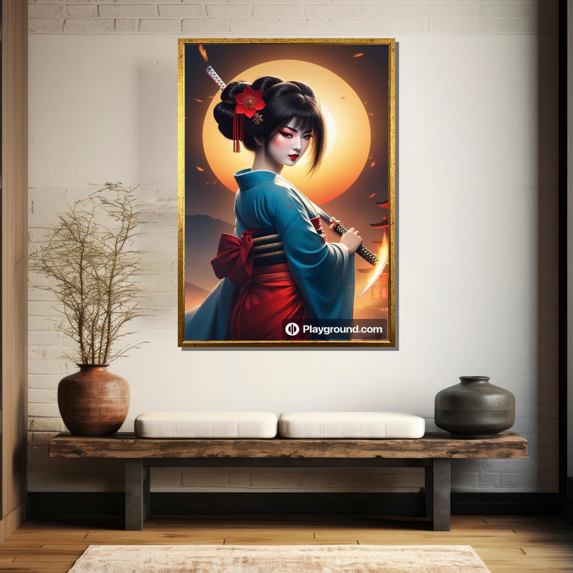 Empowered Geisha Samurai Painting With Katana Under Fiery Sun A Bold And Elegant Gift - Image 5