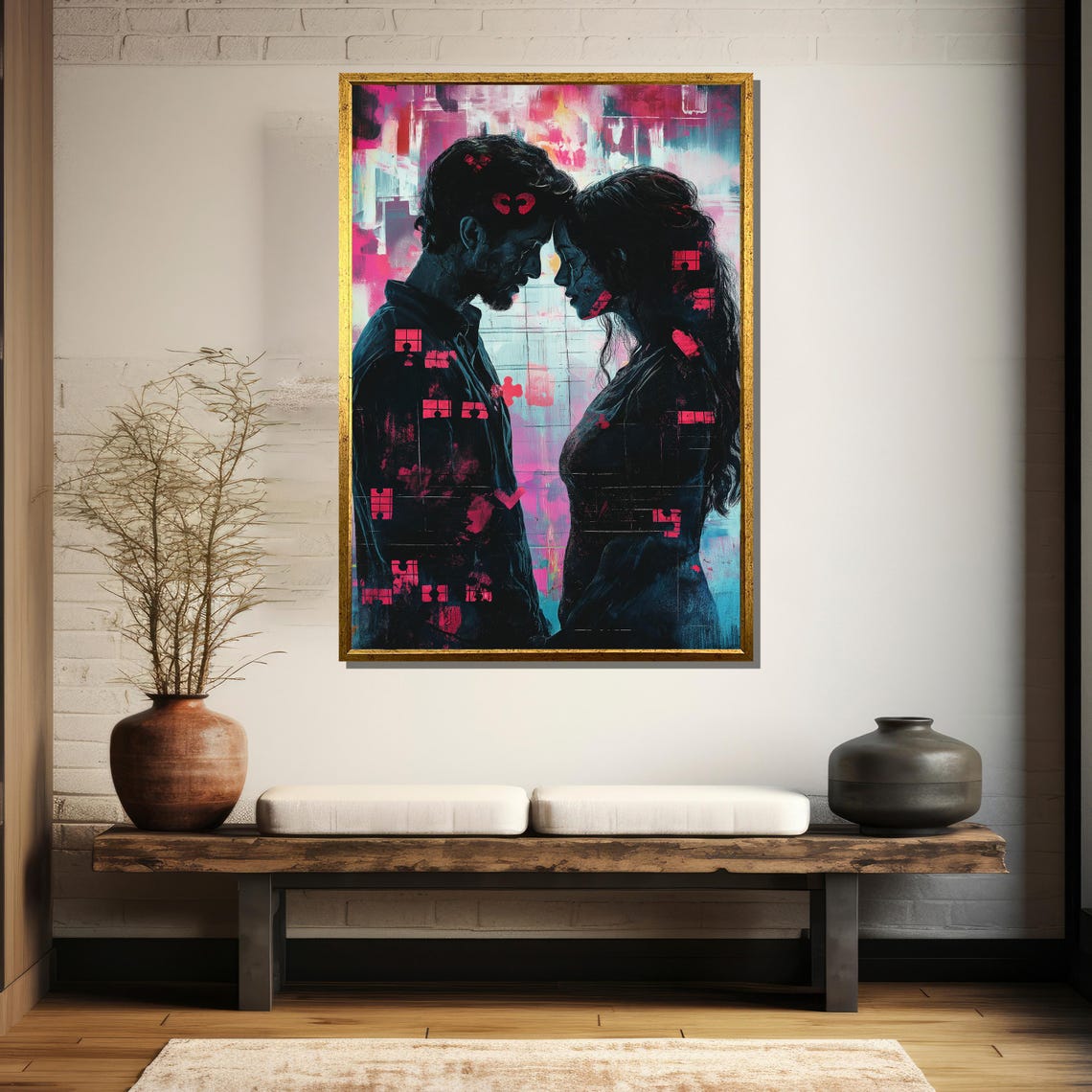 Abstract Lovers Face to Face with Pink Neon Grid Lines Poster - Image 5