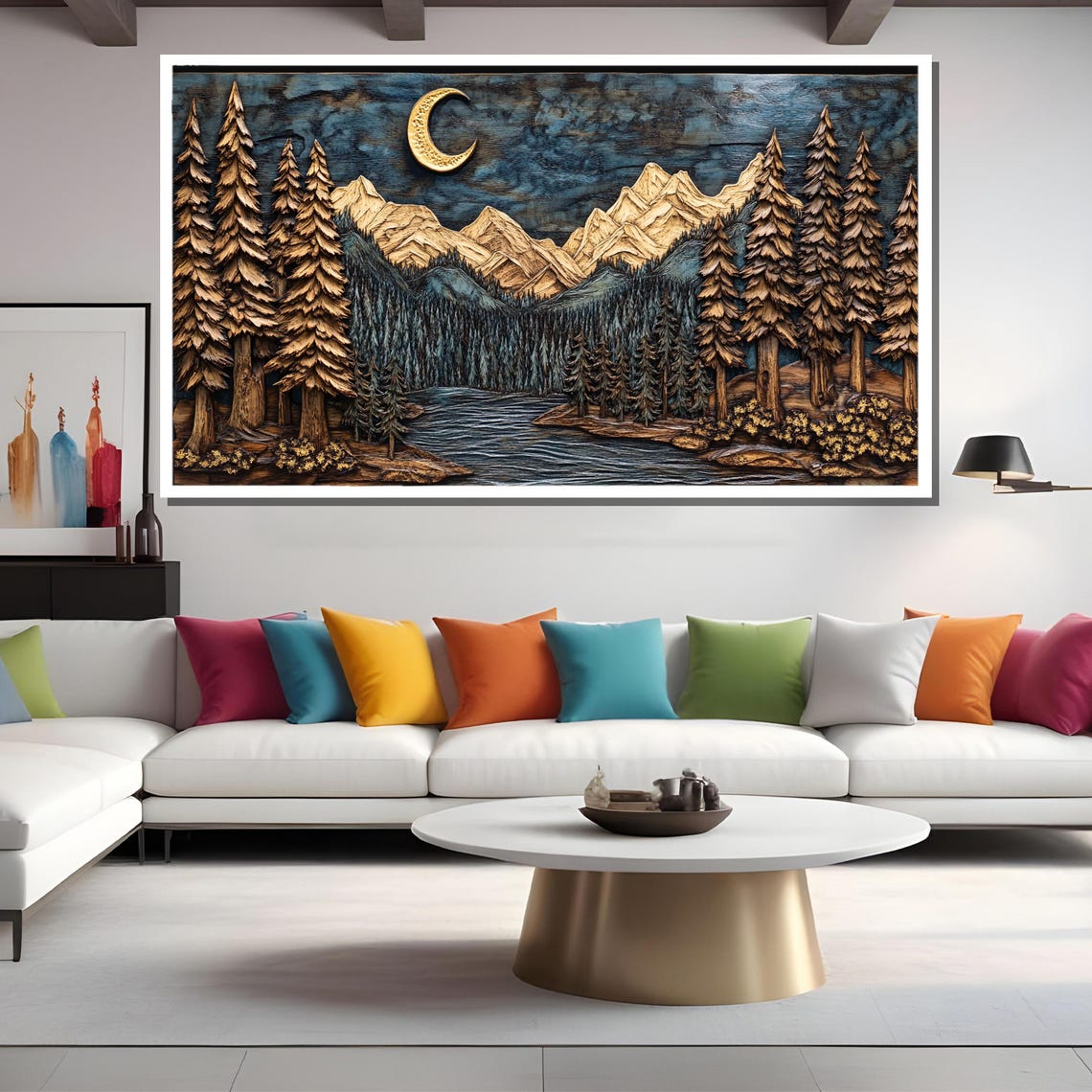 Moonlit Forest Wood Carving Rustic Nighttime Mountain Art Gift For Nature Enthusiasts - Image 2