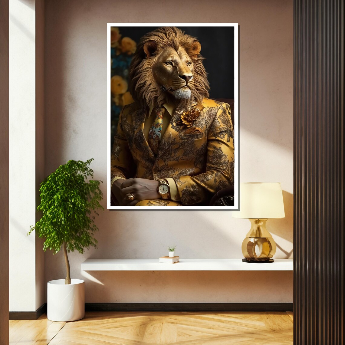 Dapper Lion In Ornate Gold Suit With Tie Regal Portrait Art Poster - Image 2