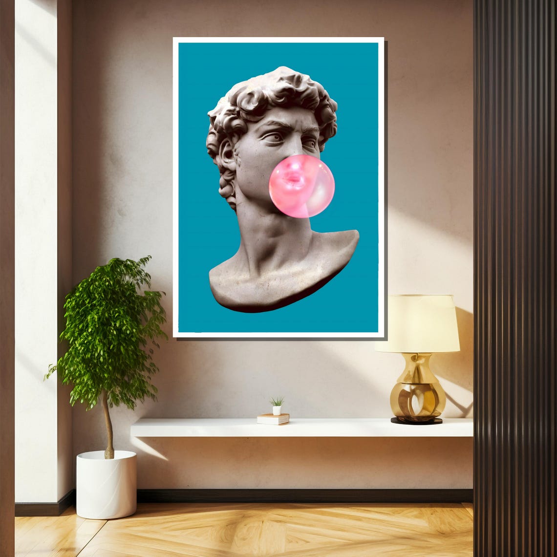 Michelangelo David Bust Blowing Pink Bubble Gum On Teal Poster - Image 2