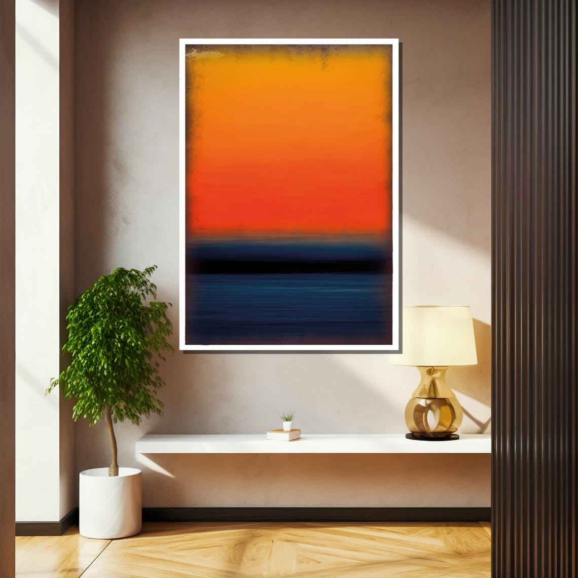 Fiery Sunset Orange To Deep Navy Gradient Abstract Art Poster - Image 2