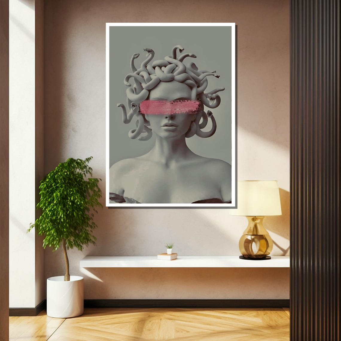 Grey Medusa Bust With Pink Brushstroke Across Closed Eyes Poster - Image 2