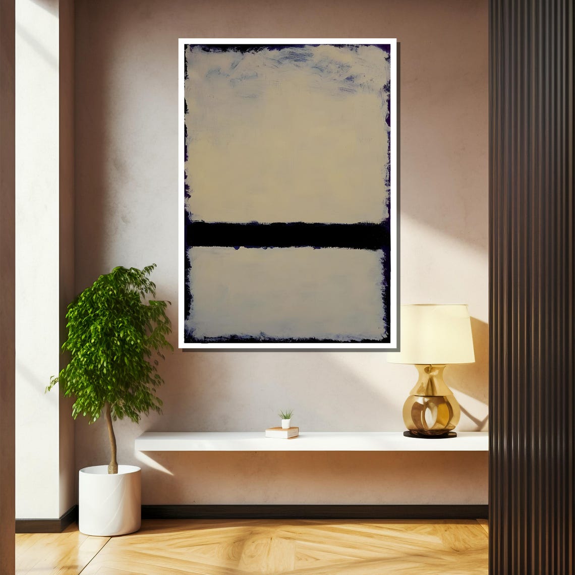 Soft Ivory Split By A Bold Black Abstract Color Field Poster - Image 2