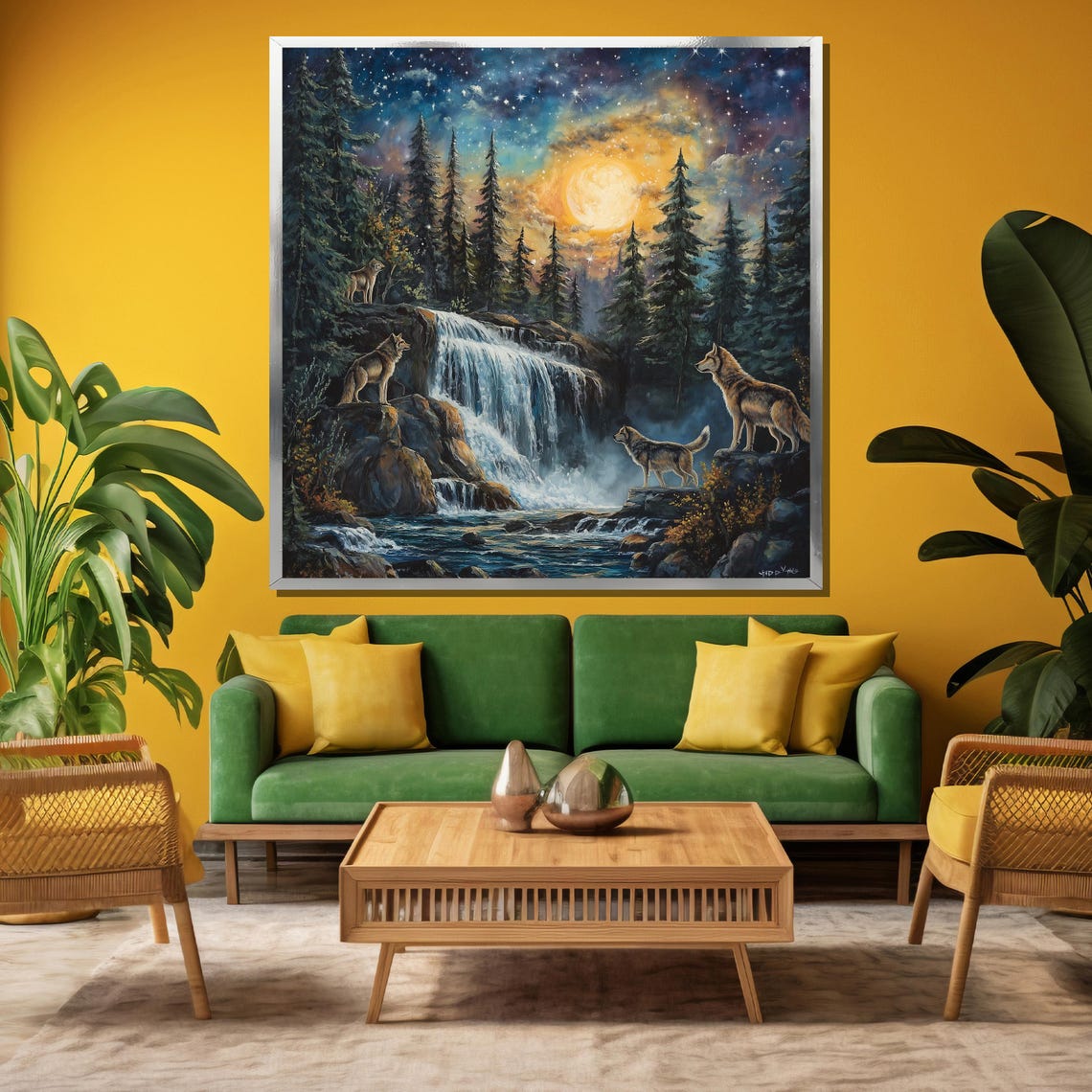 Wolf Pack by Moonlit Waterfall Under Starry Night Sky Painting Poster - Image 3