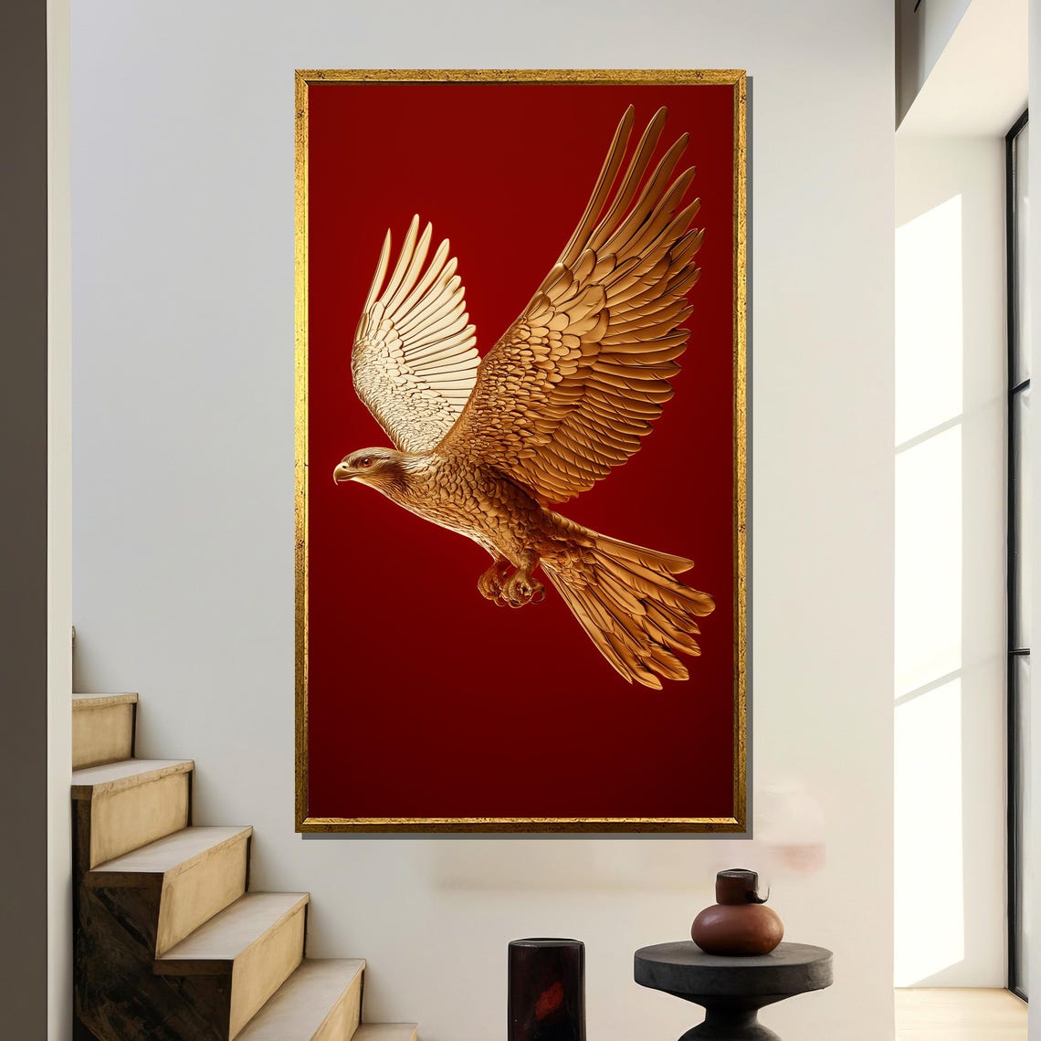 Golden Eagle Sculpture in Flight Against Deep Red Backdrop Poster