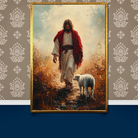Jesus and His Lamb Walking Through Golden Autumn Field Poster