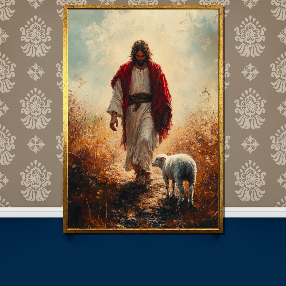 Jesus and His Lamb Walking Through Golden Autumn Field Poster