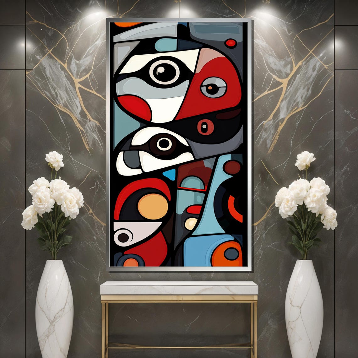 Tribal-Inspired Abstract with Cubist Eyes in Red Black and Blue Poster - Image 3