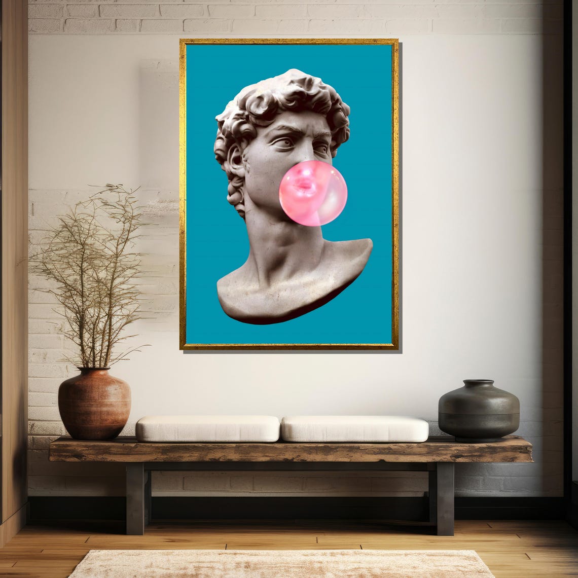 Michelangelo David Bust Blowing Pink Bubble Gum On Teal Poster - Image 5