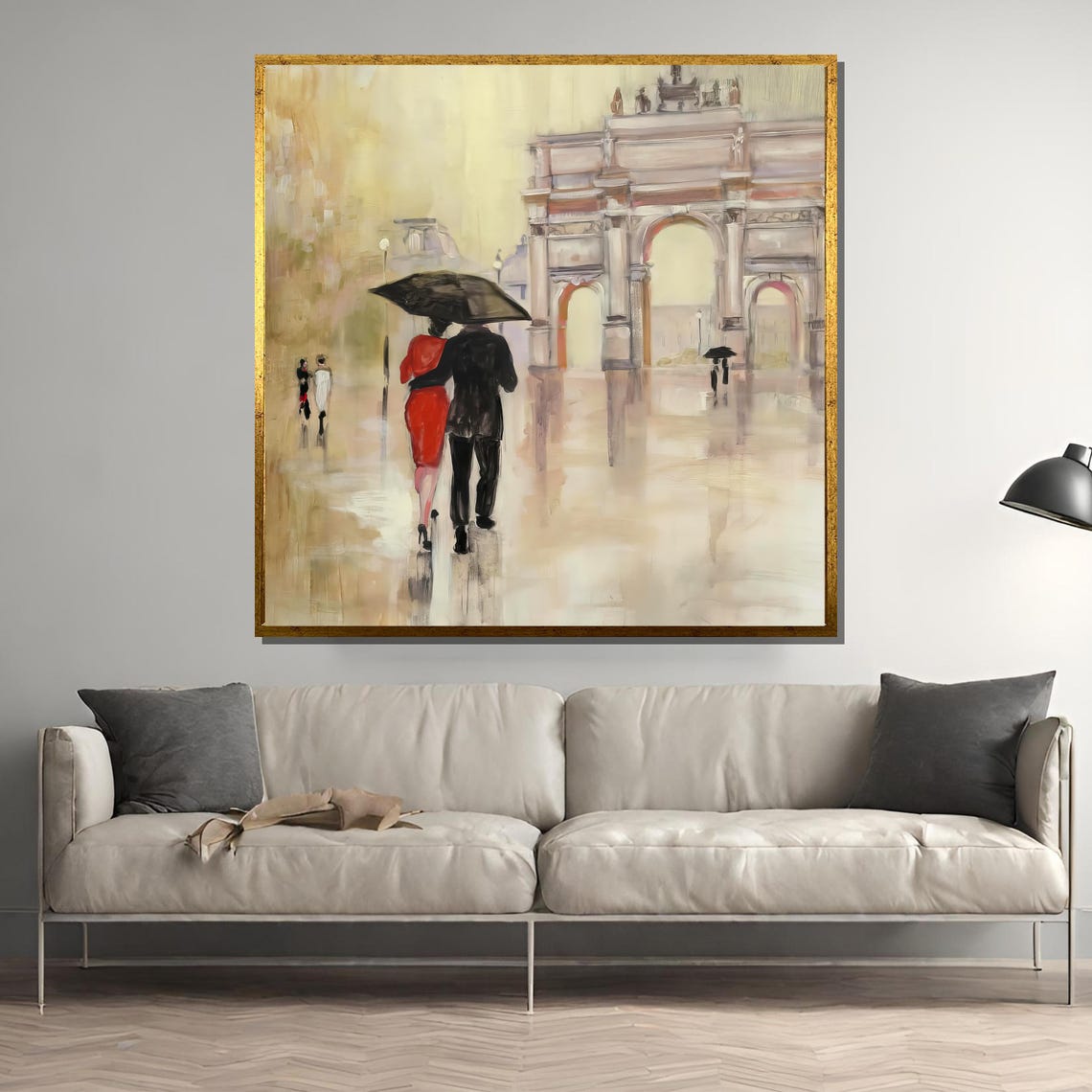 Paris Rainy Stroll Couple Under Umbrella Arc de Triomphe Poster
