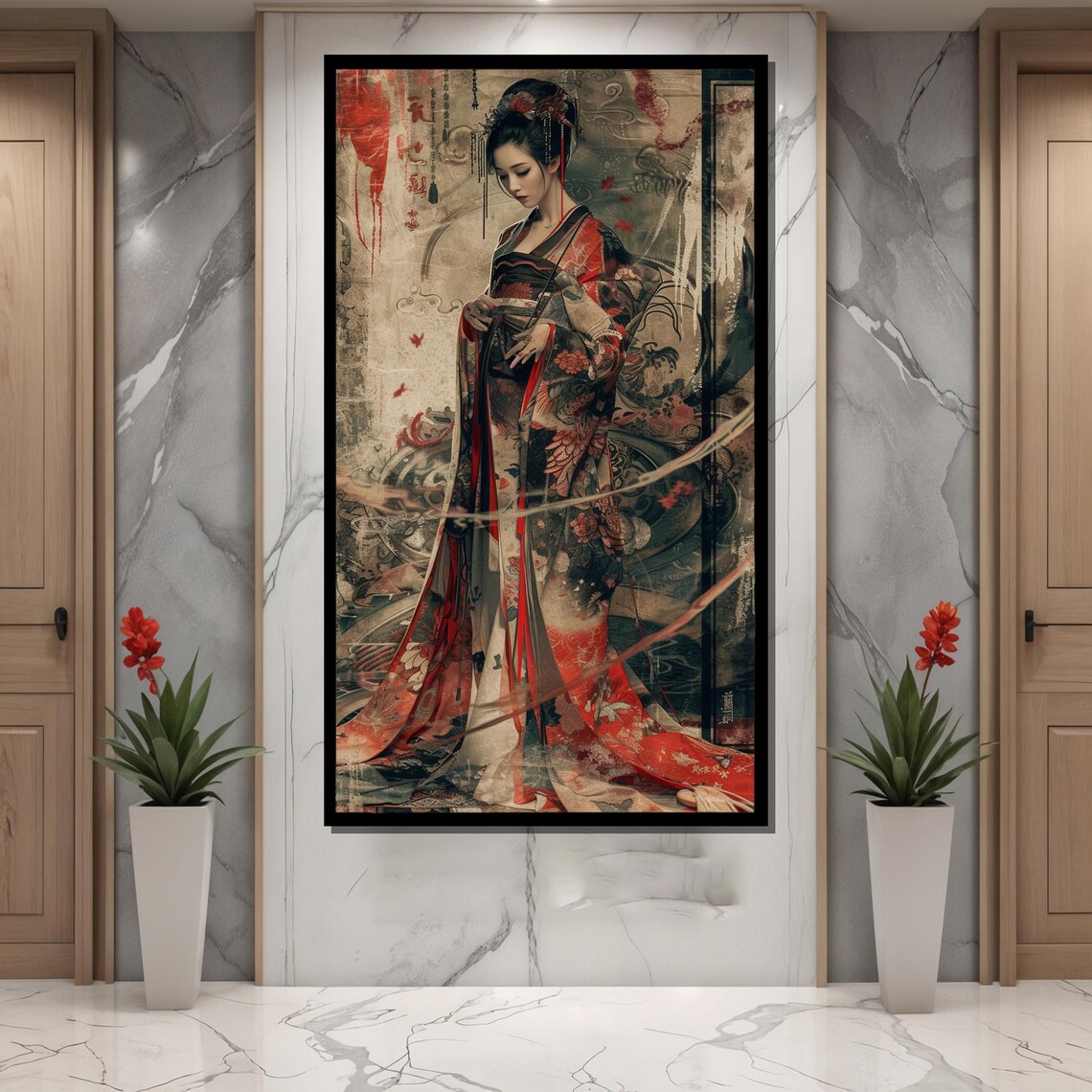 Traditional Japanese Woman in Ornate Red Kimono Vintage Art Poster - Image 4