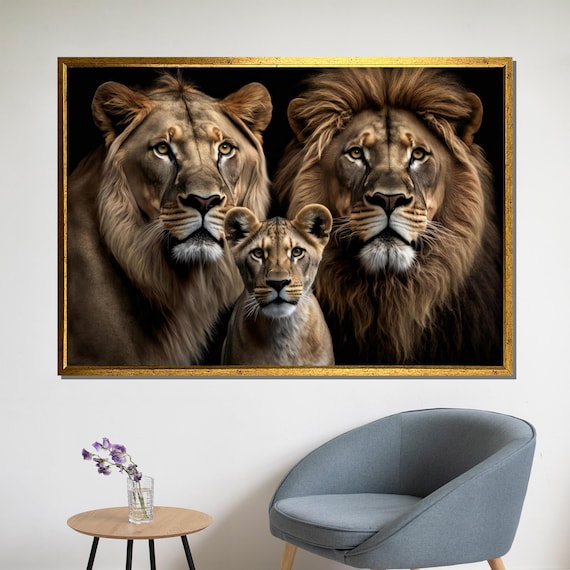 Lion Family With Cub Majestic Wildlife Portrait On Dark Background Poster