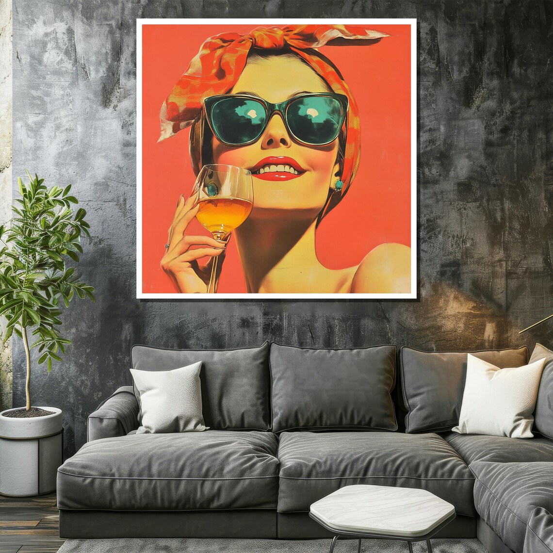 Retro 60s Pop Art Woman with Sunglasses and Wine Glass Poster - Image 2