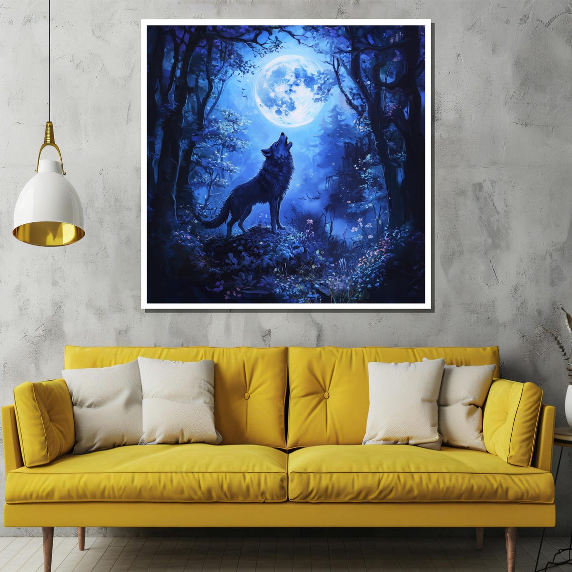 Howling Wolf Full Moon Over Blue Celestial Forest Night Poster - Image 2