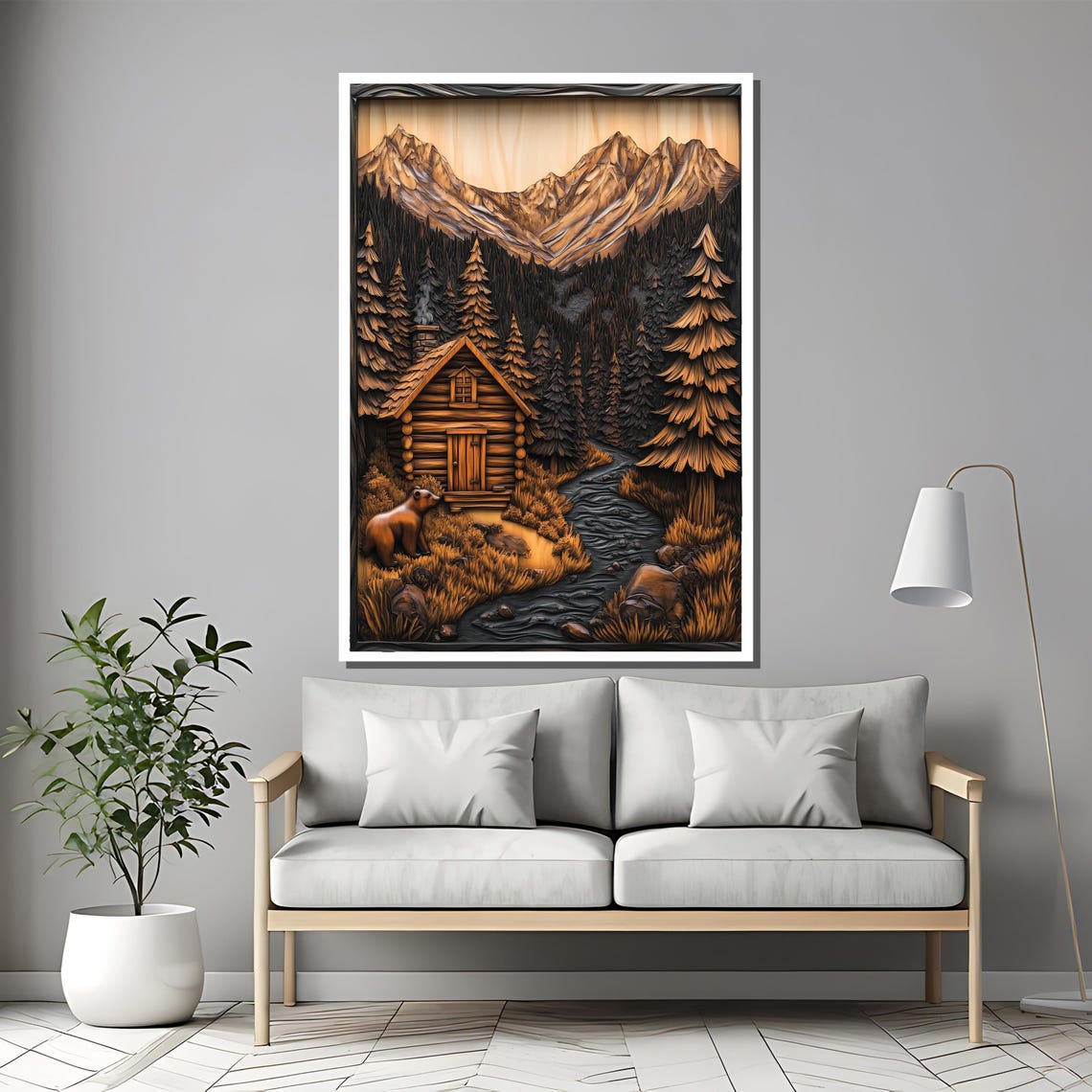 Rustic Cabin Wood Carving Painting Mountain Stream Art Gift For Cozy Home Decor - Image 2
