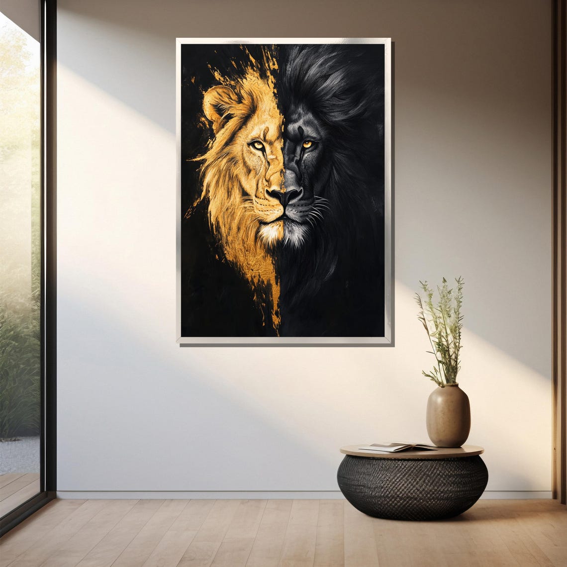 Dual Lion Face In Gold And Black Dramatic Split Portrait Art Poster - Image 3