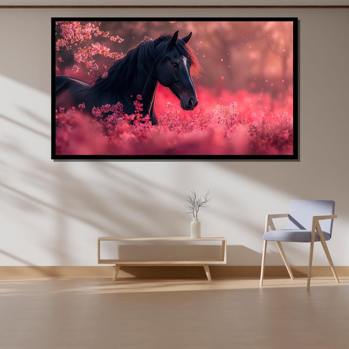 Black Horse Among Pink Cherry Blossoms Romantic Equestrian Poster - Image 4
