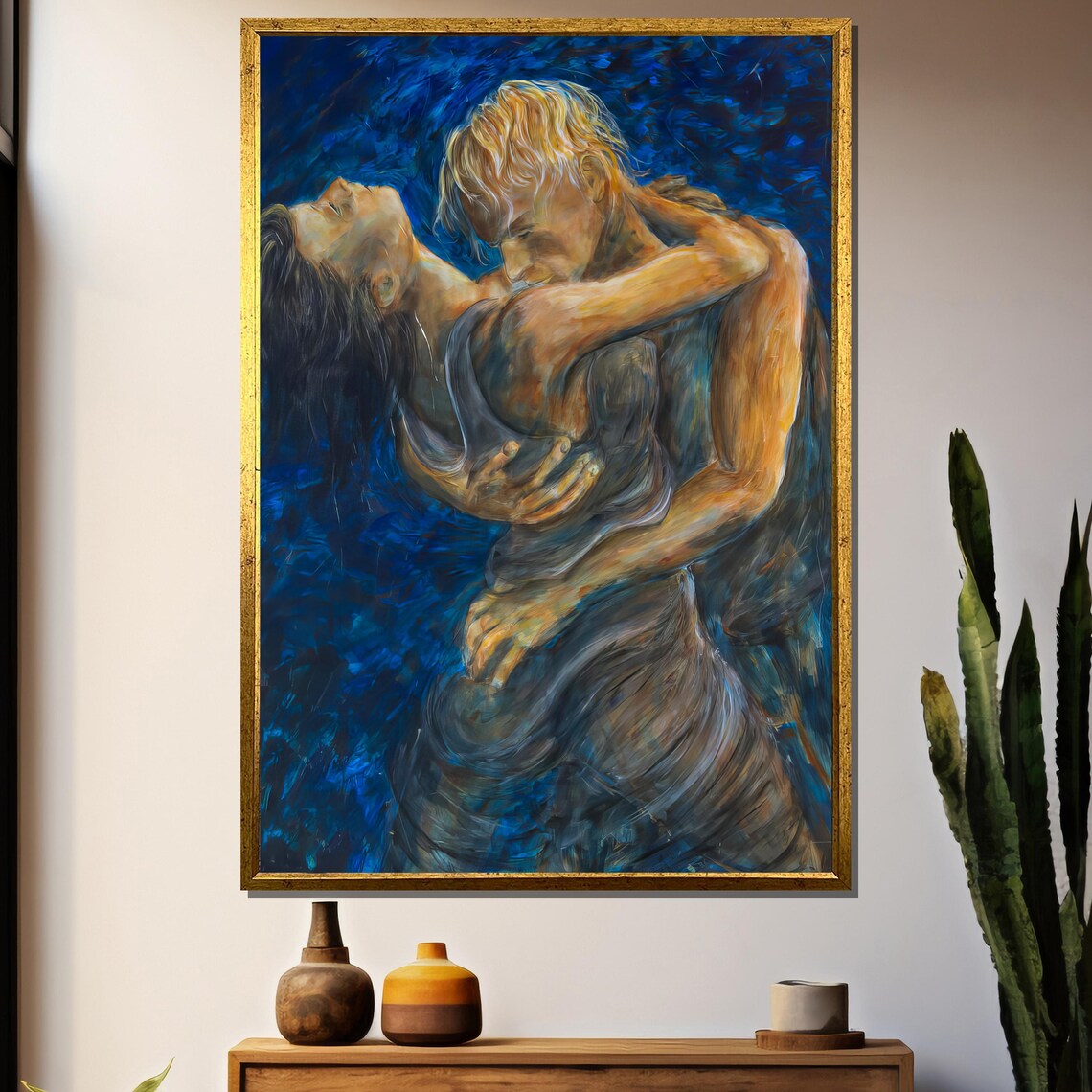 Passionate Embracing Couple Blue Expressive Romance Art Poster