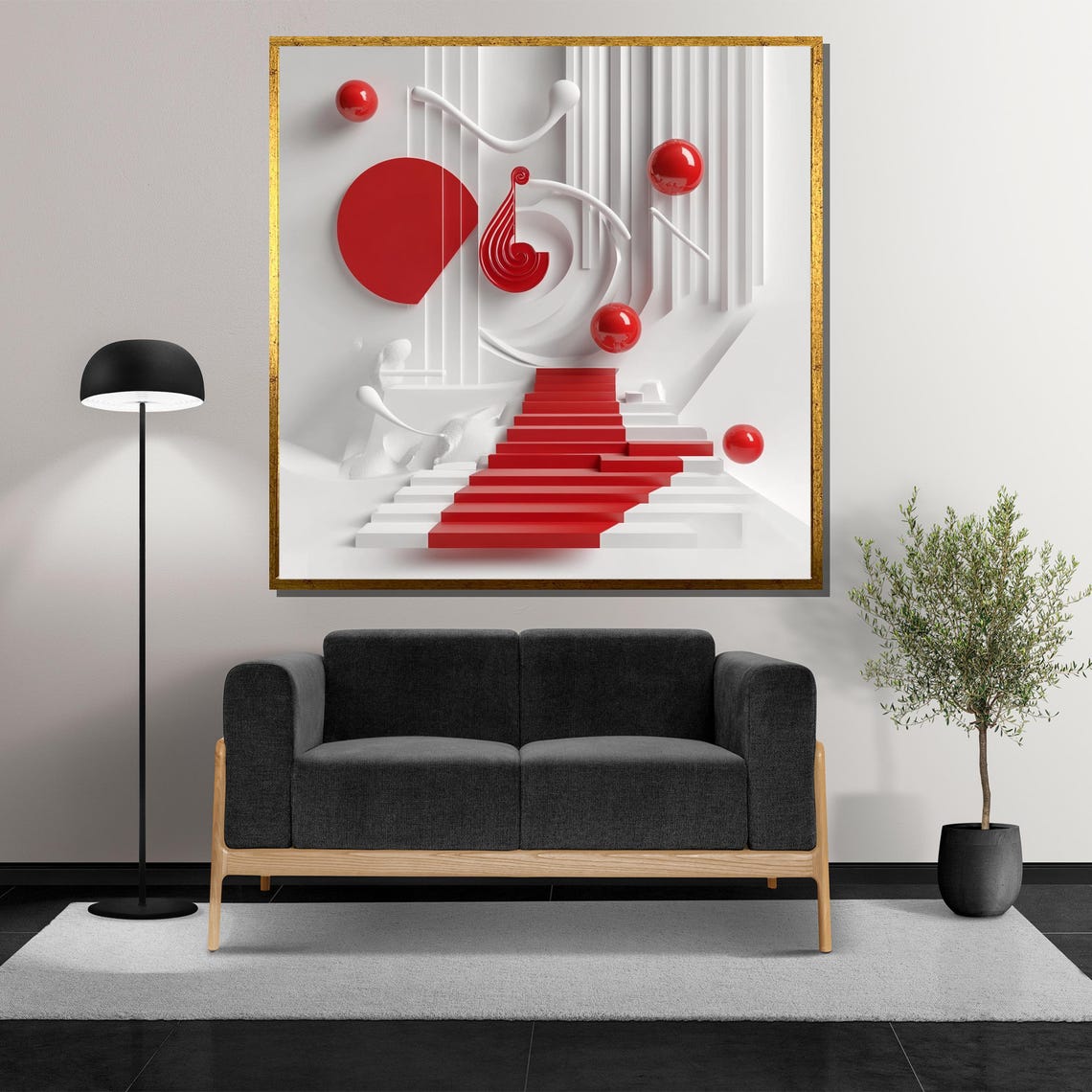 Red And White 3D Geometric Abstract Staircase Minimalist Modern Poster - Image 5