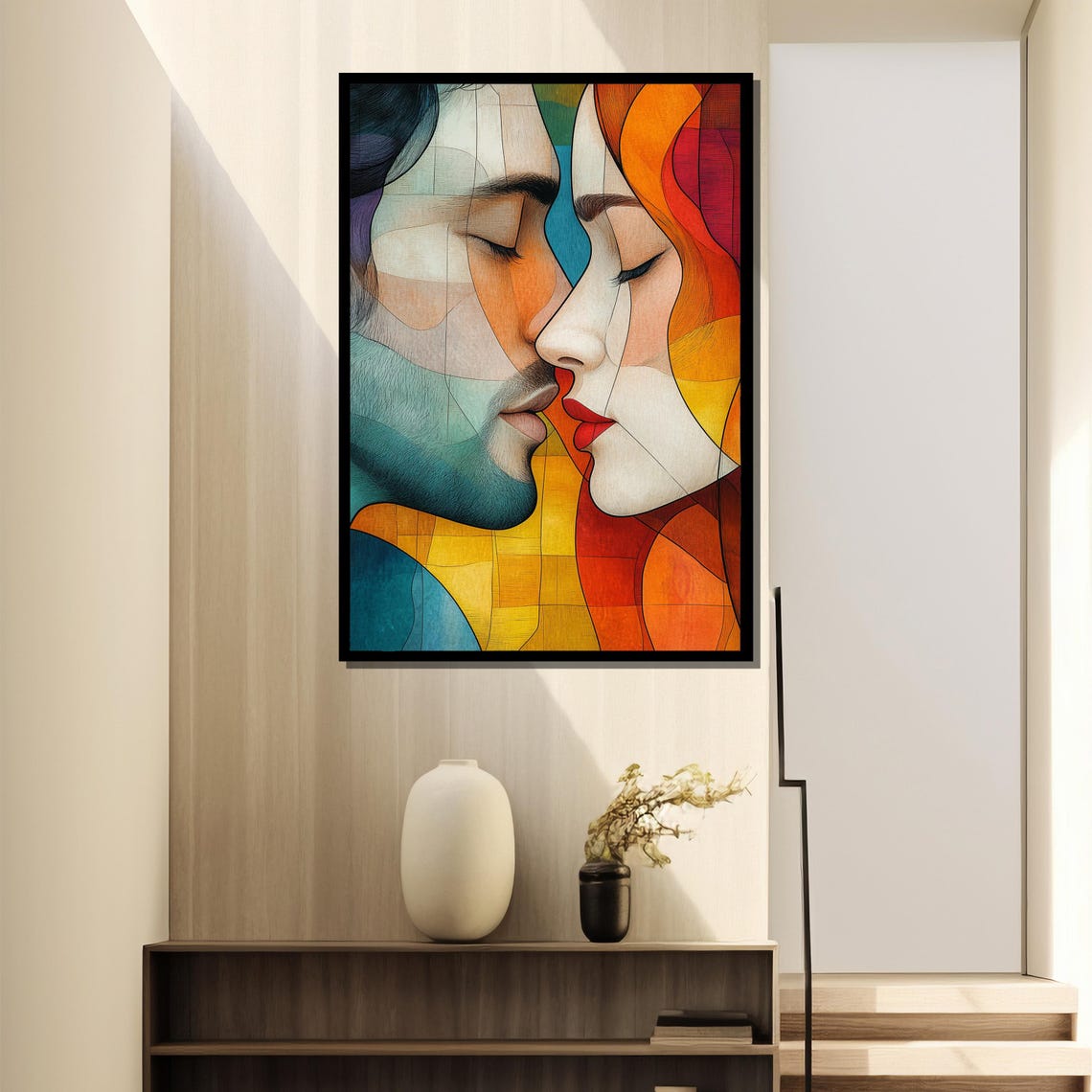 Abstract Couple Kiss in Stained Glass Warm Red and Teal Poster - Image 4