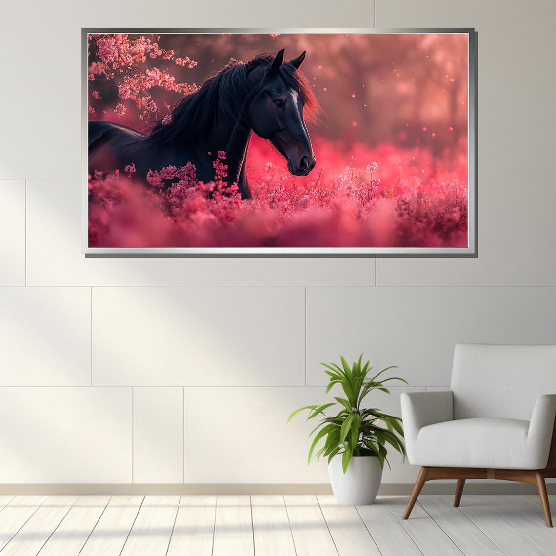 Black Horse Among Pink Cherry Blossoms Romantic Equestrian Poster - Image 3