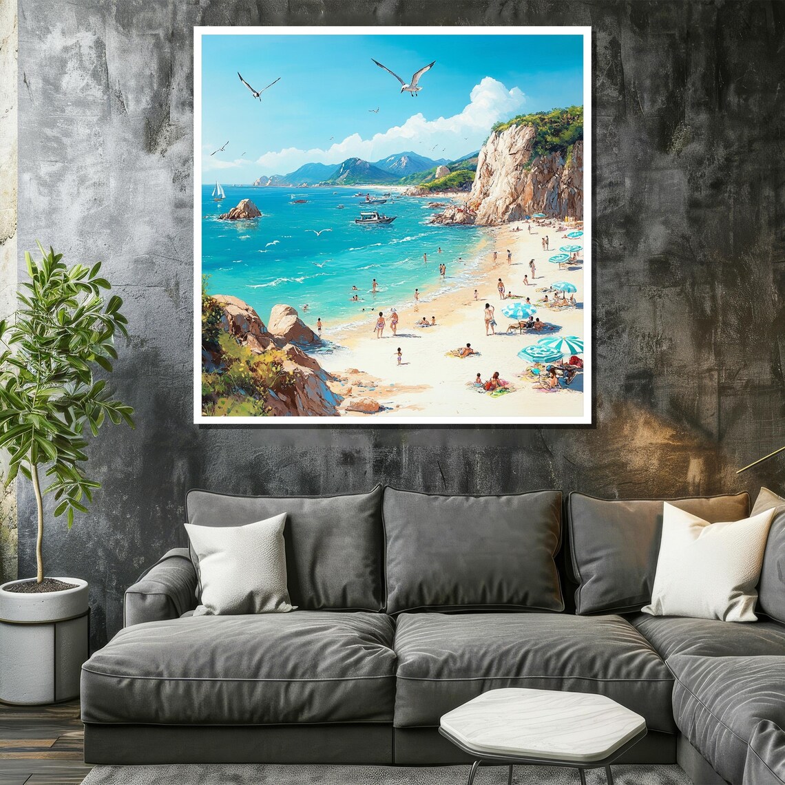 Sunny Coastal Beach Cove Families Umbrellas Sailboats Poster - Image 2