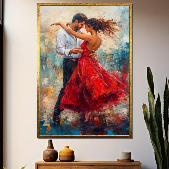 Fiery Flamenco Dance Painting Passionate Couple Dancing Vibrant Red Dress Art Unique Gift For Dance Lovers Romantic Wall Decor