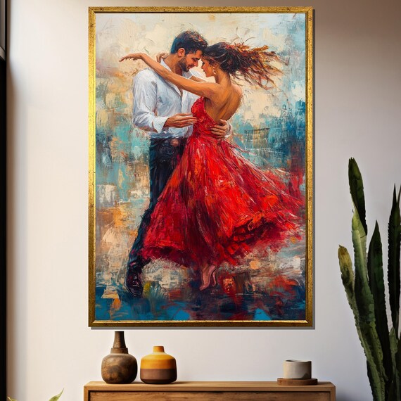Passionate Fiery Red Dress Dancing Couple Romance Art Poster