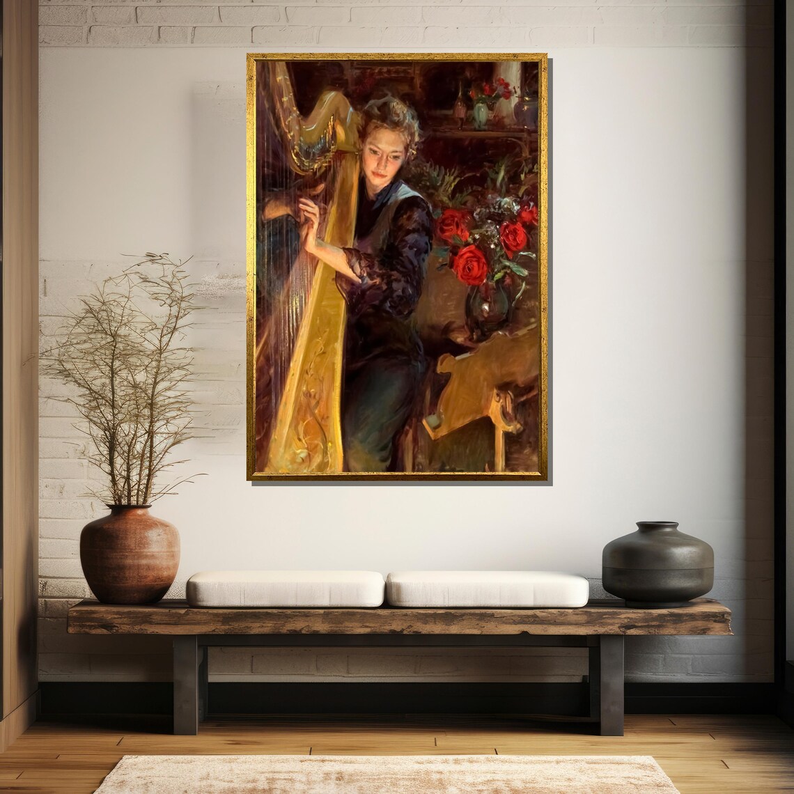 Woman Playing Golden Harp Beside A Vase Of Red Roses Painting Poster - Image 5