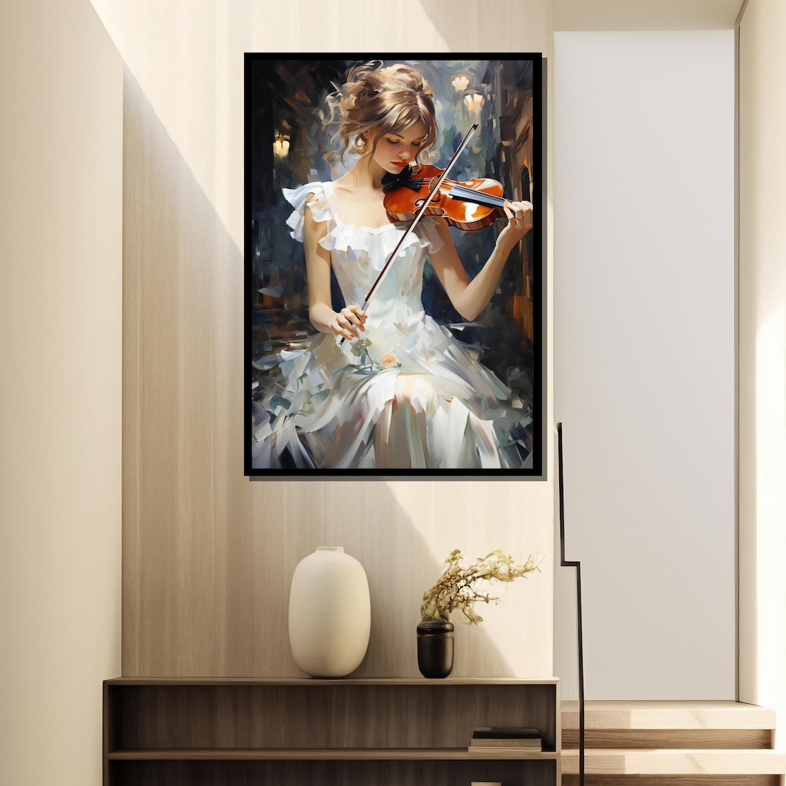 Woman In Flowing White Gown Playing Violin Oil Painting Poster - Image 4