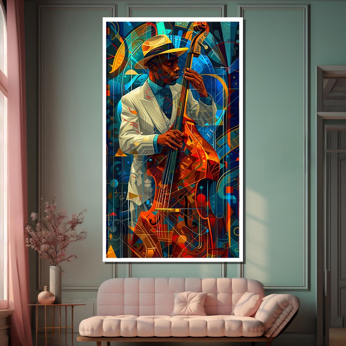 Vibrant Art Deco Jazz Double Bassist Musician Portrait Poster - Image 2