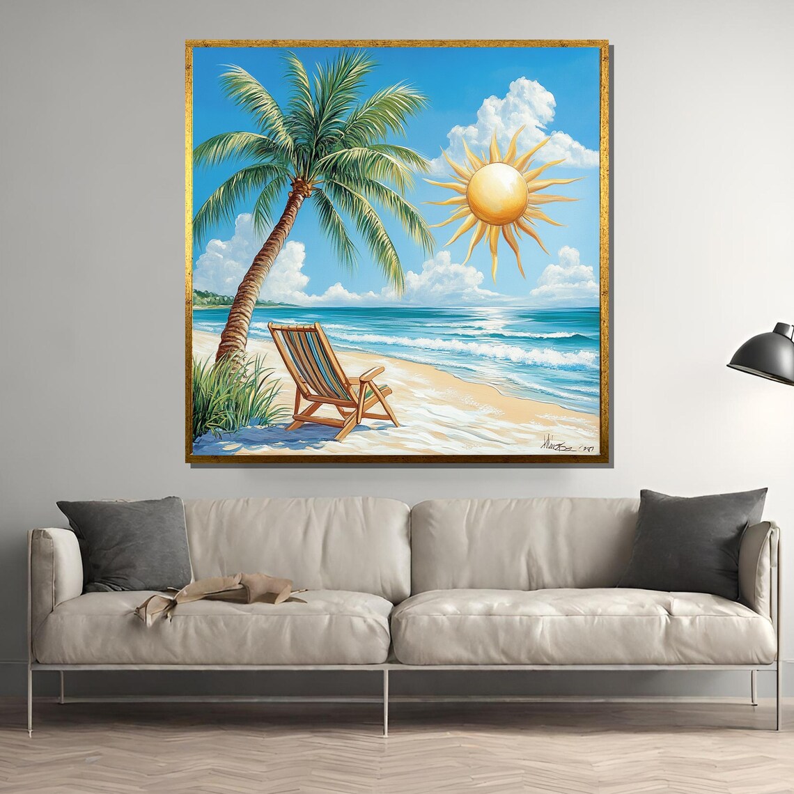 Sunny Tropical Beach with Palm Tree Chair and Bright Sun Poster