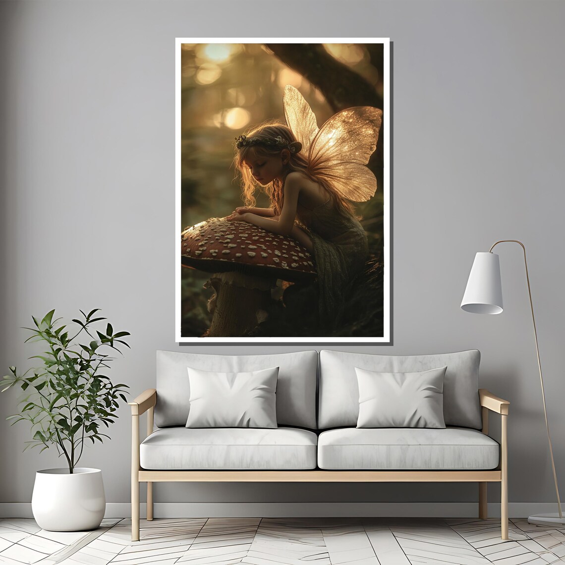 Little Fairy Resting on Giant Red Mushroom in Golden Forest Poster - Image 2