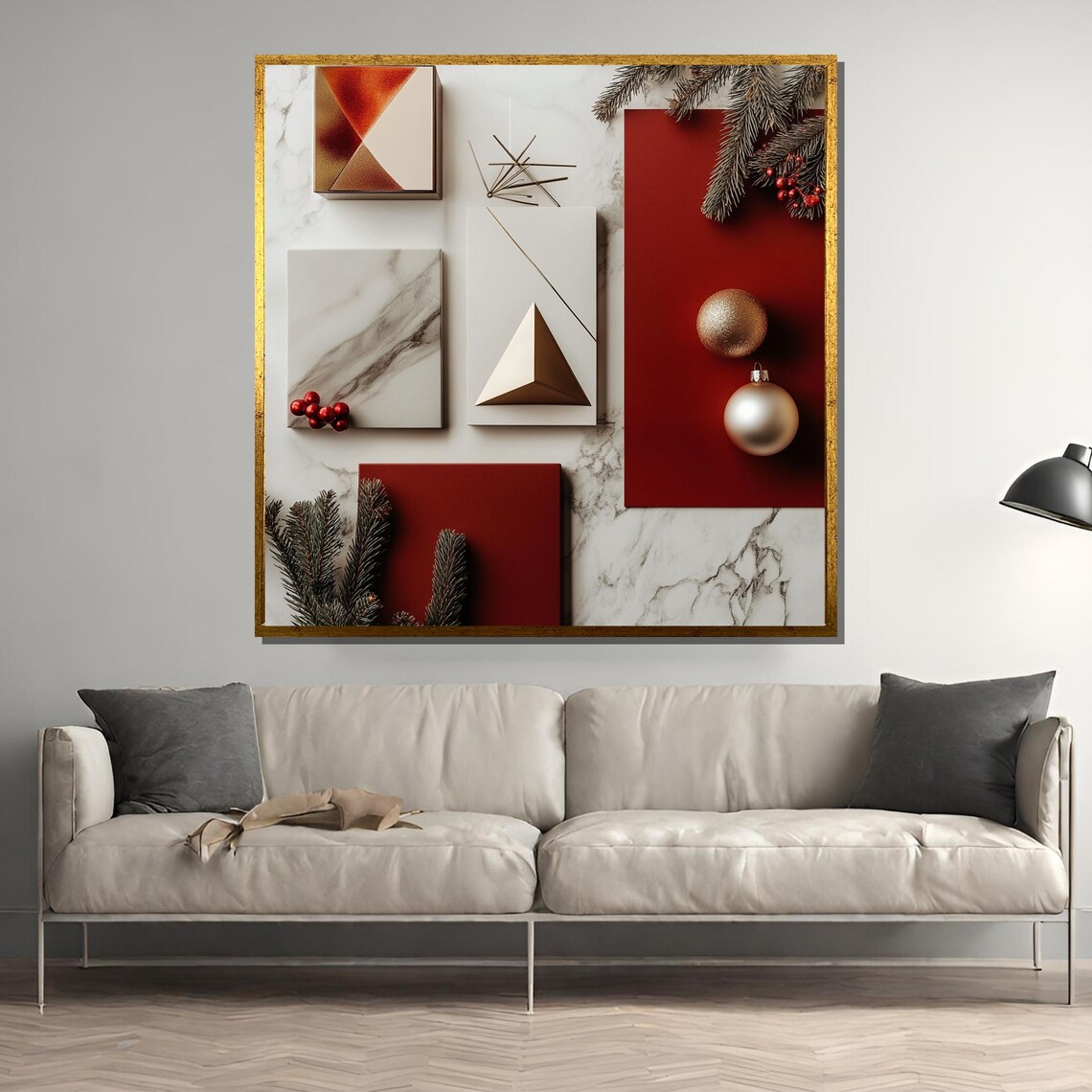 Minimalist Christmas Still Life in Red White and Gold Marble Poster