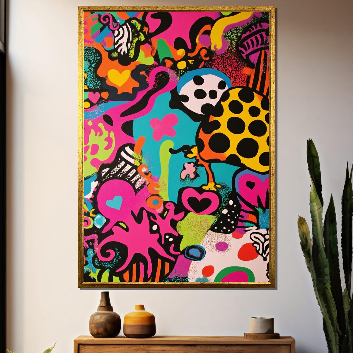 Neon Psychedelic Abstract with Hearts and Polka Dots Pop Art Poster