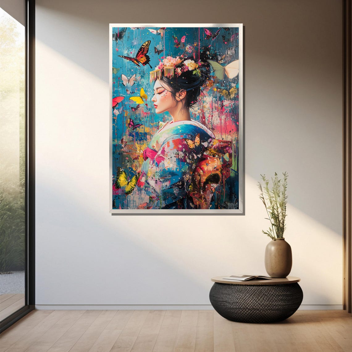 Colorful Geisha Butterfly Painting Elegant Japanese Inspired Art Gift For Wall Decor Unique Home Accent - Image 3