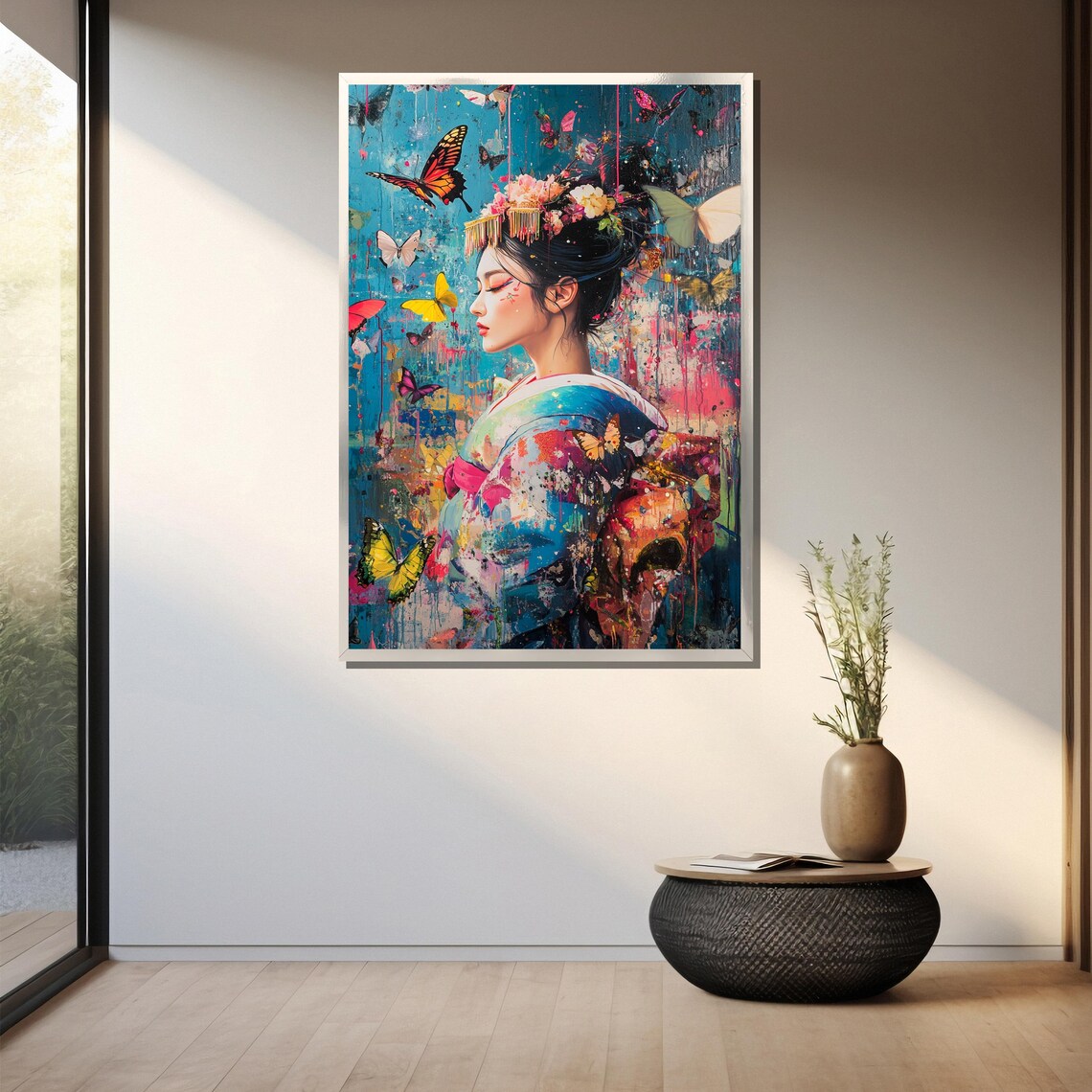 Japanese Geisha Surrounded By Colorful Butterflies Ethnic Poster - Image 3