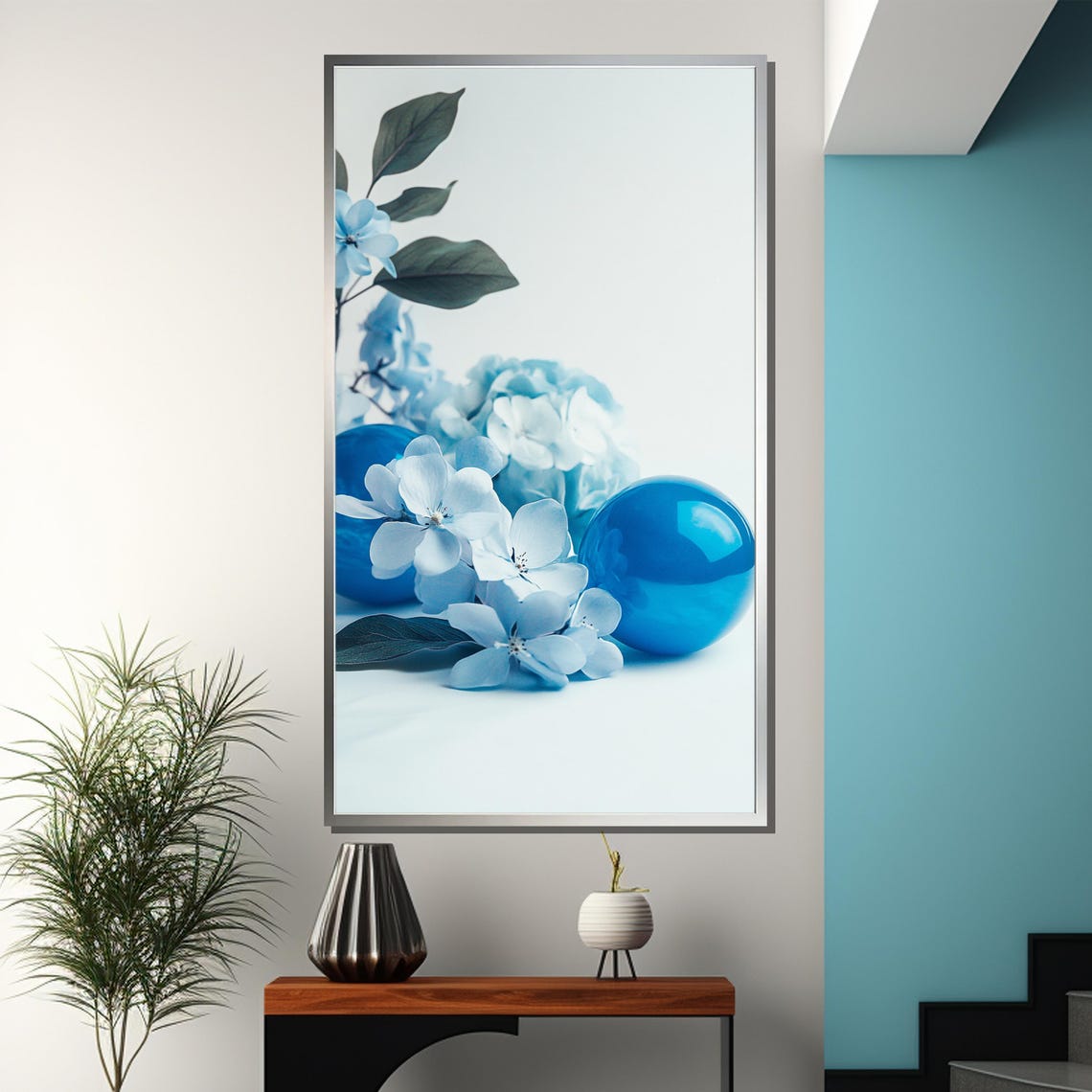 Blue Hydrangea Blossoms with Glass Spheres Minimal Floral Poster - Image 3