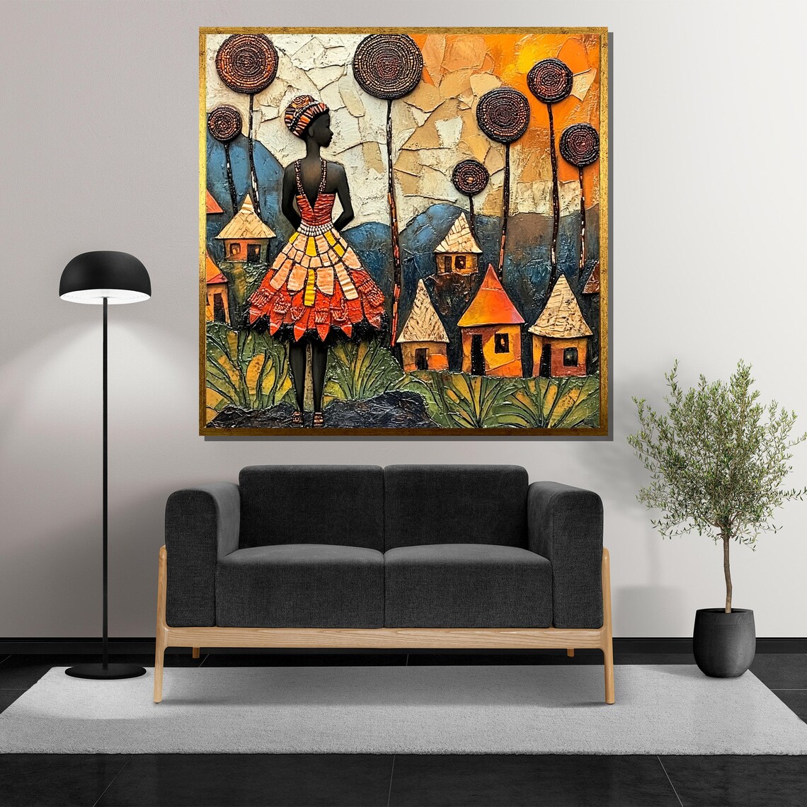 African Woman in Vibrant Mosaic Dress Overlooking Village Poster - Image 5